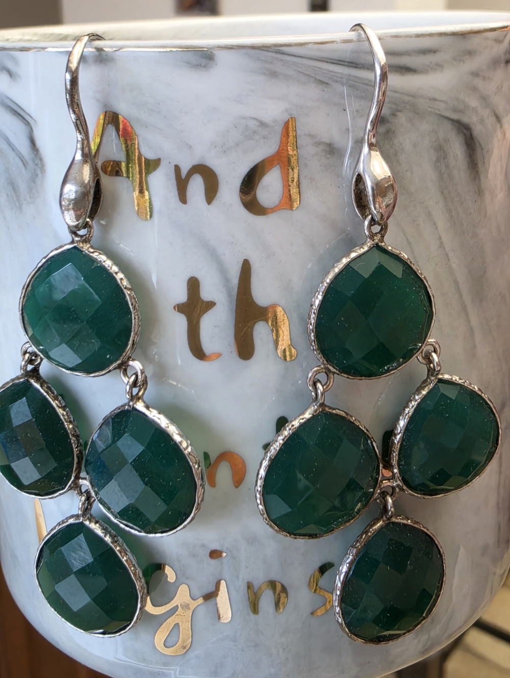 Natural Faceted Green Onyx Sterling Silver Chandelier Earrings 3"
